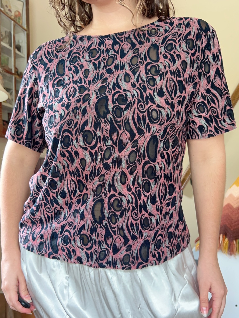 Vintage 90s Sheer Mesh Cutout Top Black Pink Abstract Baby tee Blouse Size XL